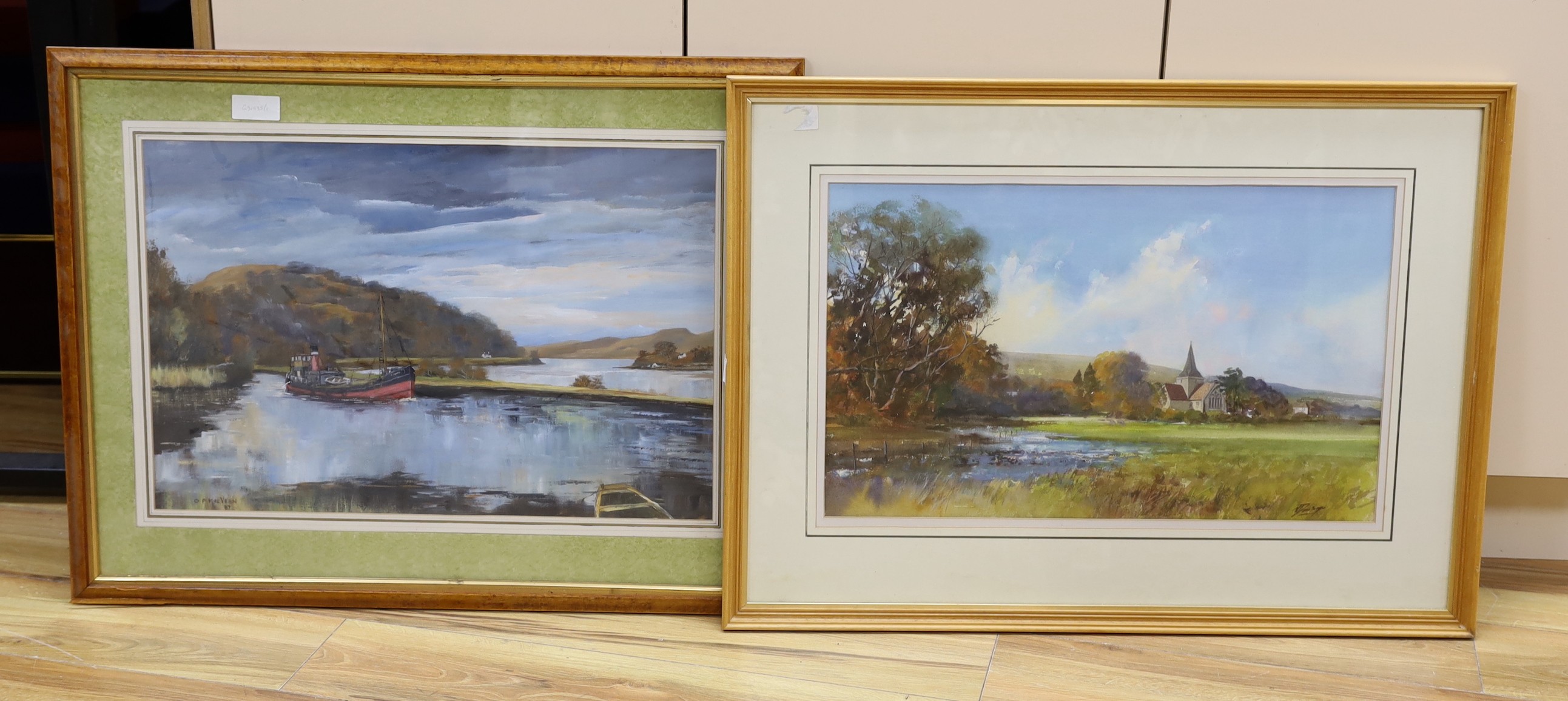 N. Dawson, watercolour, Alfriston Church, signed, 36 x 59cm and D. MacVean, gouache, 'Puffer in Bellanoch Bay', signed and dated '87, 40 x 60cm